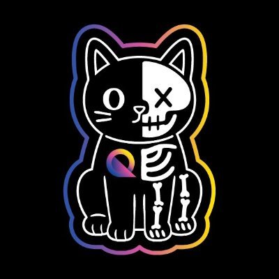 Q-Cat, half black cat and half white skeleton, outlined in iridescent color